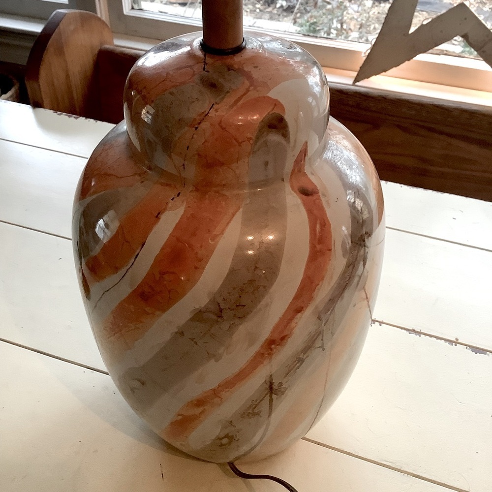Vintage MCM Orange Brown White Black Glazed Marble Ceramic Large Ginger Jar Lamp